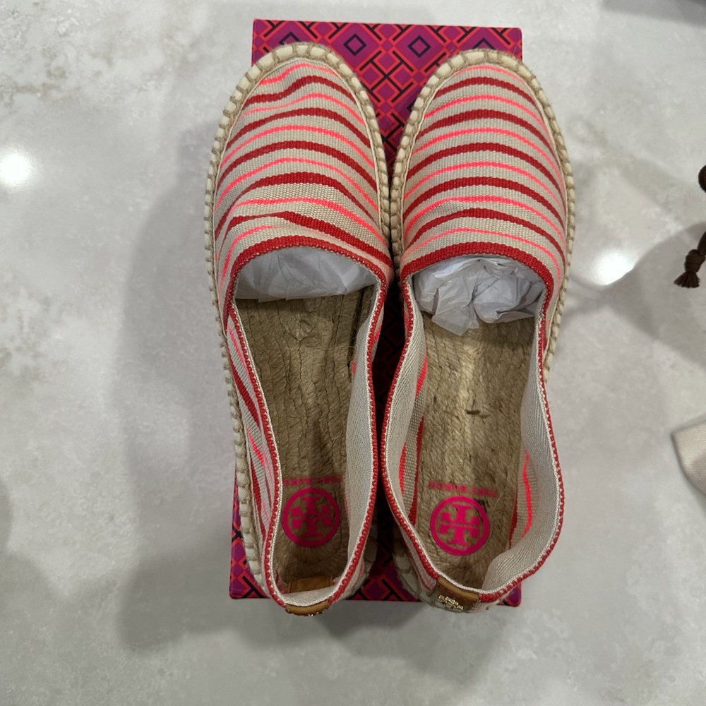Tory Burch Red and Cream Striped Espadrilles